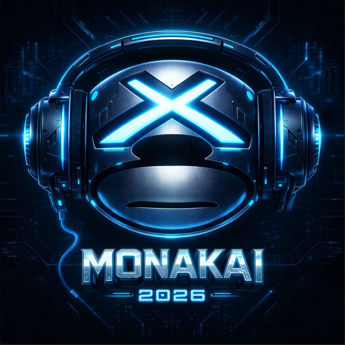 Monakai 2026 State Of Bass EP artwork featuring a futuristic neon blue X logo centered on a metallic circular frame with headphones, glowing cyan blue accents on a dark black background with Monakai 2026 text below